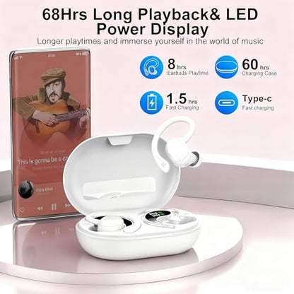 sprtoybat Wireless Earbuds, 2026 New Bluetooth 5.4 Headphones Sport Earphones with 68Hrs Playtime LED Display ENC Noise Cancelling Mic, IPX7 Waterproof Over Ear Ear Buds with Hook for Sports/Running - color: Elegant White
