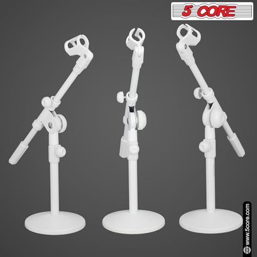 5 Core Desk Microphone Stand Adjustable Round Base with Boom Arm, 3/8'' and 5/8/'' Threaded Mount and Mic Holder for Kick Drums Guitar Amps White - MSSB W