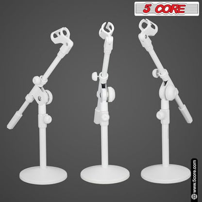5 Core Desk Microphone Stand Adjustable Round Base with Boom Arm, 3/8'' and 5/8/'' Threaded Mount and Mic Holder for Kick Drums Guitar Amps White - MSSB W