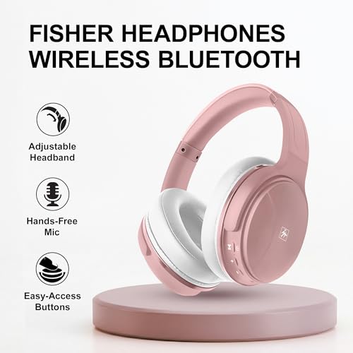 Fisher Pro Active Noise Cancelling Headphones,Over-Ear Headphones Wireless | Bluetooth 5.3, Microphone, Lightweight Comfortable Headset for Home, Travel, Rechargeable Workout Headphones, Deep Base - color: Rose Gold