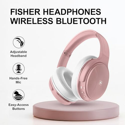 Fisher Pro Active Noise Cancelling Headphones,Over-Ear Headphones Wireless | Bluetooth 5.3, Microphone, Lightweight Comfortable Headset for Home, Travel, Rechargeable Workout Headphones, Deep Base - color: Rose Gold