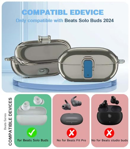 [Upgrade Secure Lock] for Beats Solo Buds 2024 Case Cover with Cleaner Kit, AGENTNANO Clear TPU Shockproof Protective Cover Compatible with Beats Solo Buds Charging Case with Carabiner-Clear Grey - color: Clear Grey