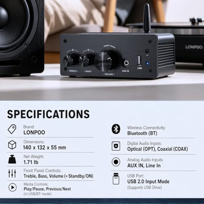 LONPOO 200W Mini Bluetooth Audio Amplifier Class D for Bookshelf Speaker | 2.0 Channel Integrated Amp, Optical Coaxial USB AUX Input, HiFi, 200W RMS (LP-615B) - color: 615-all Black