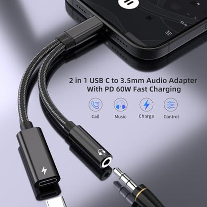 USB C to 3.5mm Headphone and Charger Adapter, 2 in 1 USB C to Aux Audio Adapter & 60W Fast Charging Dongle Compatible with iPhone 17Pro Max/16/15, Galaxy S25/S24/S23/S23FE, Pixel 9/8, iPad Pro - color: Black