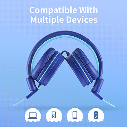 POWMEE P10 Kids Stereo Headphones with Microphone for Children Boys Girls,Adjustable 85dB/94dB Volume Control Foldable On-Ear Headphone for School/PC/Cellphone(Blue) - color: Blue