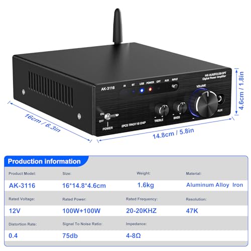 Facmogu AK-3116 HiFi Stereo Amplifier, Bluetooth 5.3 200W Dual TPA3116