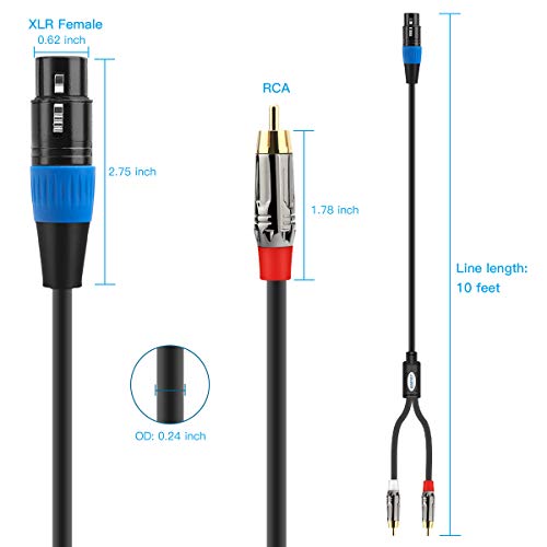 JOLGOO 언밸런스 XLR 암 - 듀얼 RCA Y 스플리터 브레이크 아웃 케이블, XLR 암 1개 - RCA 수 Y 브레이크 아웃 케이블 어댑터 코드, 3m(10피트) - size: 10 Feet, style: XLR 암 - 듀얼 RCA 수