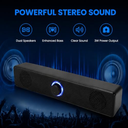 Computer Speakers USB Powered Wired Stereo with Illuminated Volume Knob and 3.5mm Aux Plug for PC Desktop Laptop Office with Clear Audio Easy Setup and Portable Design - color: Black