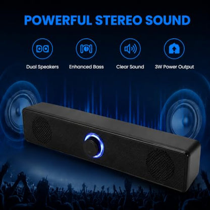 Computer Speakers USB Powered Wired Stereo with Illuminated Volume Knob and 3.5mm Aux Plug for PC Desktop Laptop Office with Clear Audio Easy Setup and Portable Design - color: Black
