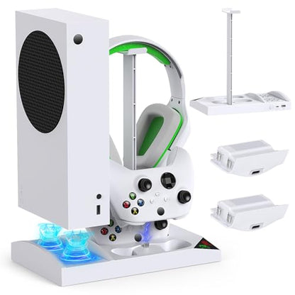 Cooling Fan with Charging Stand for Xbox Series S Console and Controller | Dual Charger Dock Accessories with 2 x 1400mAh Rechargeable Battery and Cover, Headphone Mount for Xbox Series S, White - color: White