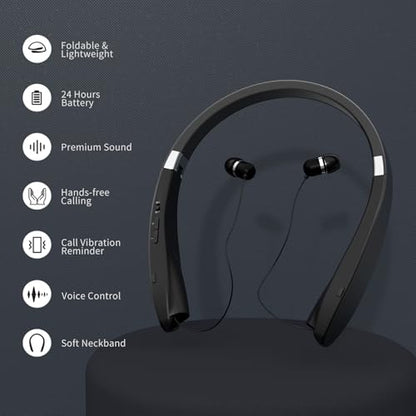 Bluetooth Neckband Headphones, Dpvisn Foldable Wireless Lightweight Neck Headset with Retractable Earbuds, Noise Cancelling Sweatproof Stereo Earphones with Mic & Carrying Case (Black) - color: Black