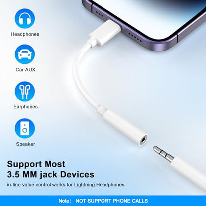 [Apple MFi Certified] 5 Pack Lightning to 3.5 mm Headphone Jack Adapter | iPhone Aux Adapter Converter Dongle Audio Cable Compatible with iPhone 14 13 12 11 X XS 8 7 - color: White-5Pack