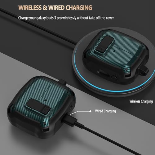 Compatible Samsung Galaxy Buds 3 Pro Case/Bud 3 Cover Clip with Cleaner Kit, Military Shell Protective Armor Case Cover with Lock & Carabiner for Galaxy Buds 3/3 Pro 2024 Men Women Black Green - color: Black-Green