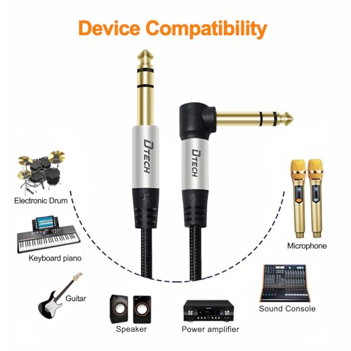 DTECH 3ft Electric Guitar Cable TRS 1/4 Instrument Cord Aux Right Angle Balanced Stereo Jack Quarter Inch 6.35mm for DJ Speaker Amplifier Bass Studio Audio Monitor Mixer - size: 3ft right angle
