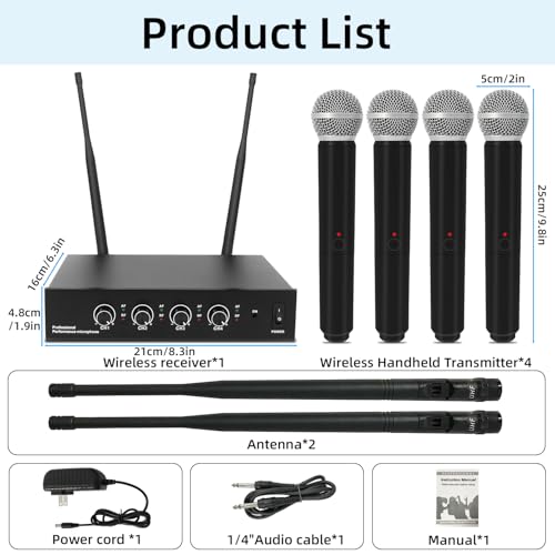 UHF 4-Channel Wireless Microphone System - 4 Handheld Dynamic Mics, 130ft Range Cordless Mic for Karaoke, Singing, DJ, Church, Wedding & Live Events (G02-4*Microphones)