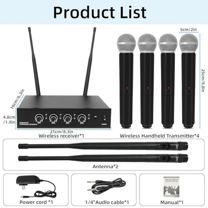 UHF 4-Channel Wireless Microphone System - 4 Handheld Dynamic Mics, 130ft Range Cordless Mic for Karaoke, Singing, DJ, Church, Wedding & Live Events (G02-4*Microphones)