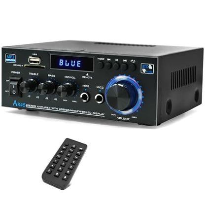 AK45 Stereo Home Audio Amplifier, 5.0 Mini Bluetooth Receiver, 300W *2 Blutooth HiFi Stereo Power Amplifier 2.0 Channel RMS 40W x 2 Home Stereo System with Remote Control Amp W/MIC,USB, RCA,FM Radio