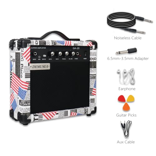 20W Electric Guitar Amplifier Flag Amp Practice Small Portable Travel Mini with Headphone Jack Aux Distortion Gain Treble Bass Volume With 3 Meters Cable Audio Adapter Picks Aux Cable Earphone - color: Flag
