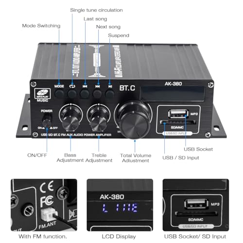 Bluetooth 5.0 Audio Amplifier 400W+400W 2.0 CH AMP HiFi Stereo Treble Bass Audio Receiver for Passive Speakers Theater System AK-380