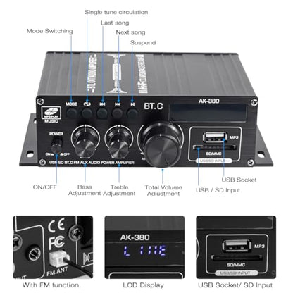 Bluetooth 5.0 Audio Amplifier 400W+400W 2.0 CH AMP HiFi Stereo Treble Bass Audio Receiver for Passive Speakers Theater System AK-380