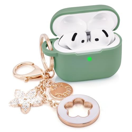 Case for Apple Airpods 4 - VISOOM Airpods 4 Cases 2024 Cover Women Anti-Drop Silicone iPods 4 Earbuds Wireless Accessorie Charging Cases Bling Keychain for Airpod iPods 4th Generation - color: S-Catus Green, size: Airpods 4(2024)