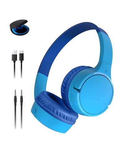 Belkin SoundForm Mini Bluetooth Kids Headphones with Case, 30H Battery Life | Toddler headphones with Case, 85dB Volume Limit, Built-in Mic, Wired Connection Option, iPad, Android Tablet, School, Travel - color: Blue, style: Wireless (USB-C) + Case