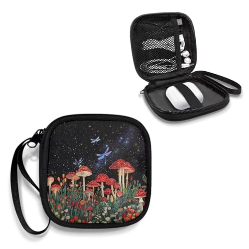 Earphone Case Earbuds Small Carrying Cases Mushroom Dragonfly Portable Headphone Organizer Storage Pouch Bag with Handle Make The Headphone Cable to Be Better Placed - color: Mushroom Dragonfly