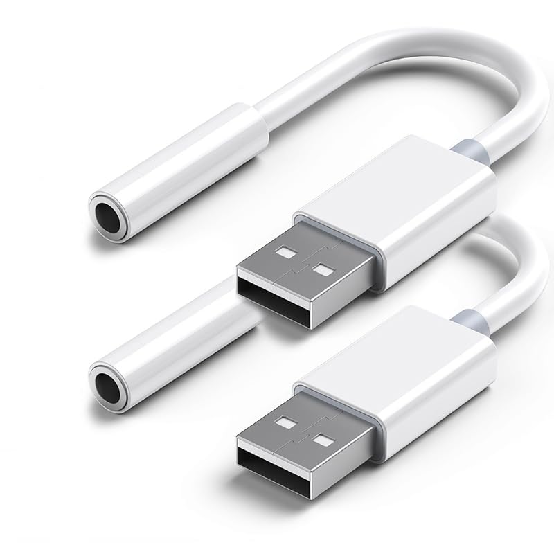 USB to 3.5mm Jack Audio Adapter，External Sound Card Converter, Compatible with Headset, PC, laptops, Mac, desktops, Linux, PS4 and More (2-Pack)(White)
