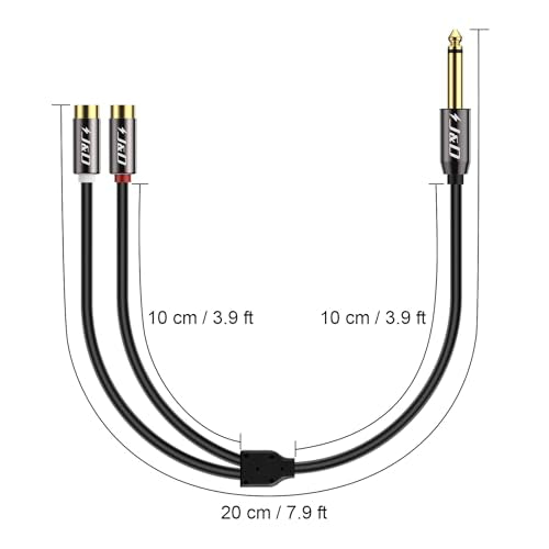 J&D 6.35mm Audio Adapter Cable - 1/4" Mono TS to Dual RCA Female Y Splitter with Gold Plated Connectors for Mixing Consoles and Stereo Systems (8-inch)