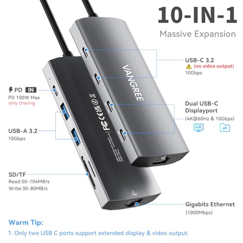 10Gbps USB C Hub with Dual 4K@60Hz USB-C Displayports for Laptop | 10-in-1 USB C Splitter, 2*USB-A & 2*USB-C 3.2, 1Gbps Ethernet, 100W PD, SD/TF, dual monitor adapter for MacBook,Samsung,Dell