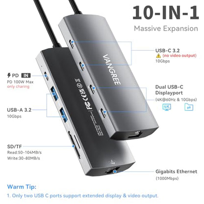 10Gbps USB C Hub with Dual 4K@60Hz USB-C Displayports for Laptop | 10-in-1 USB C Splitter, 2*USB-A & 2*USB-C 3.2, 1Gbps Ethernet, 100W PD, SD/TF, dual monitor adapter for MacBook,Samsung,Dell