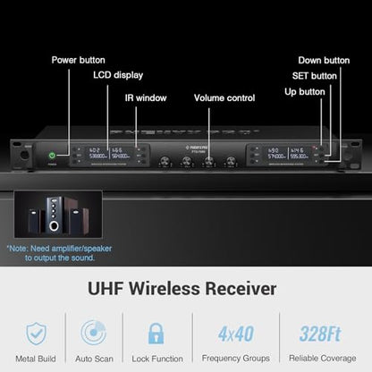 Phenyx Pro 4-Channel UHF Auto Scan Wireless Microphone System PTU-7000-4B | 4 Bodypacks, Headset/Lapel Mics, 4 x 40 Frequencies, Up to 328 ft Open-Area Range, Speaking, Church, Meetings, Weddings