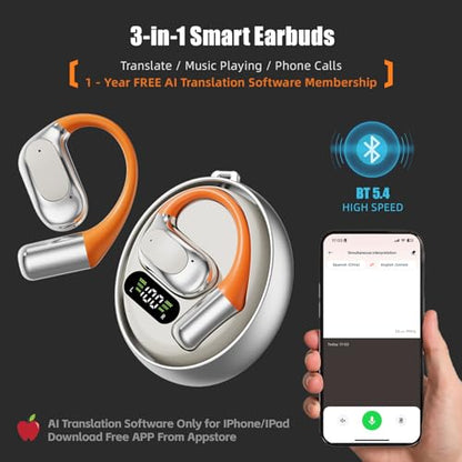 Translation Earbuds Real time Bluetooth 5.4, 3-in-1 Translating Headphones | Wireless Earbuds Bluetooth Headphones for Learning Travel Business, with 1-Year Free Translation App (144 Languages),