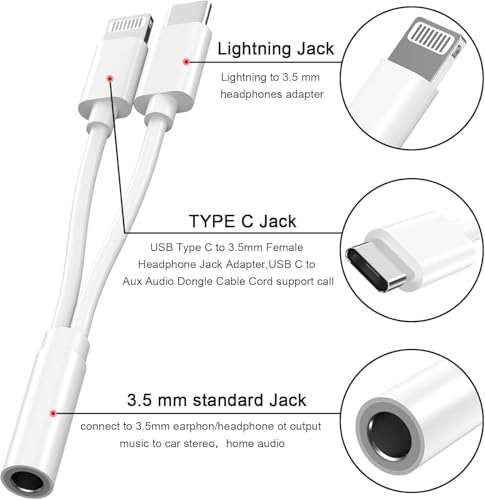 [Apple MFi Certified] Multi Lightning to 3.5 mm Headphone Jack Adapter | 2 Pack iPhone Headphones Aux Audio Dongle USB C TypeC to 3.5 Female Adapter for iPhone 17 16 15 14 13 Pro Max 12 11 XS