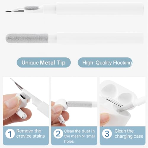 3-in-1 Earbud Cleaning Kit, Portable Cleaning Pen with Soft Brush, Metal Tip & Sponge, Multi-Function Tech Cleaning Tool Compatible with Wireless Earbuds, Phones, Speakers & Keyboards (White)