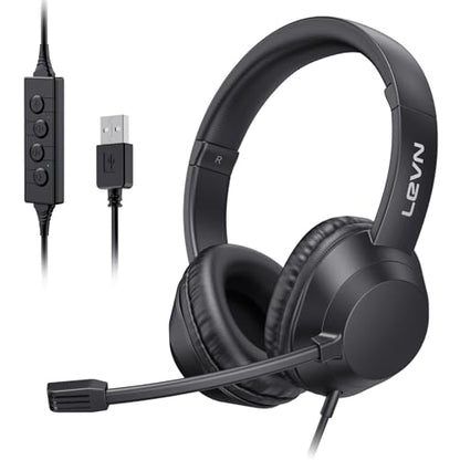 LEVN Headset with Mic, USB Headset with Microphone for PC, Headphones with Mic for Pc with Noise Canceling Microphone for Laptop, USB Headphones for Work from Home/Call Center/Open Office, Black