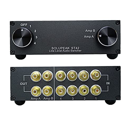 ST42 4 Way RCA Audio Switcher, Stereo Audio Switch Selector Box | 4 IN 2 OUT you quickly sw between 4 audio sources in or compare 2 AMPs, avoiding frequent cable changes，Bi-Direction passive - color: 4-WAY RCA Switch(4 IN 2 OUT)-Standard version