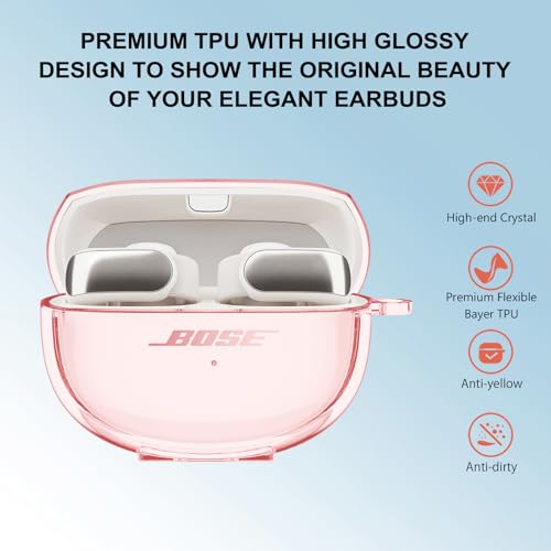 Aircawin for Bose Ultra Open Earbuds Case Clear 2024,Full Protective Shockproof Soft Transparent TPU Cover for Bose Open Ear Wireless Earbud Headphone Accessories with Carabiner and Cleaning Pen-Pink - color: Clear Pink