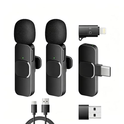 Sahara - Dual Wireless Lavalier Microphone Set, 2 Clip-On Mics, Noise Reduction, Plug & Play Auto Pairing, USB-C Receiver, Lightning & USB-A Adapters for Recording & Streaming