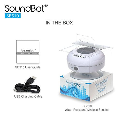 Soundbot SB510 Water-Resistant Bluetooth Shower Speaker, Suction Cup, White | Up to 6 hours of playtime, built-in microphone, 33-foot range, tactile controls, compact design, clear audio, USB charging - color: White, size: 4*3.38*3.38 in.