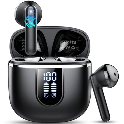 Wireless Earbuds, 2026 Bluetooth 5.4 Headphones with 3D Bass Stereo, 40H Ultralight in-Ear Buds, Bluetooth Earbuds with 4 ENC Noise Cancelling Mic, USB-C LED, IP7 Waterproof Earphones for Android iOS - color: Ebony