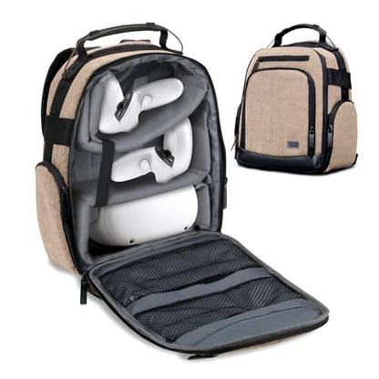 USA Gear VR Headset Backpack Travel Case Fits Meta Quest 3S, 3, 2, Controllers and Accessories - Virtual Reality Gaming Bag with Customizable Interior Dividers, Padded Backpack Straps (Brown) - color: Brown