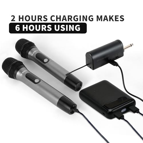 Rechargeable Wireless UHF Handheld Microphone, 200ft Dynamic Mic System | Aluminum alloy body, 6-hour runtime, 2-hour charging, 3.5mm & 6.35mm outputs, ideal for karaoke, weddings, speeches