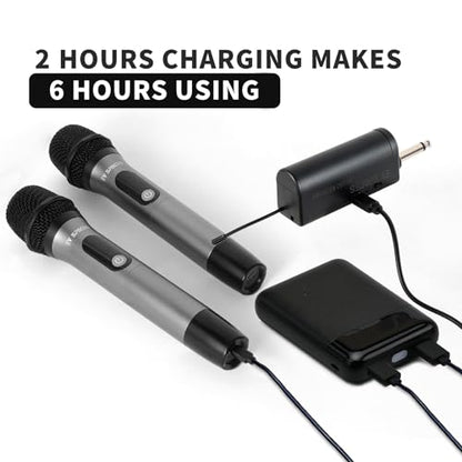 Rechargeable Wireless UHF Handheld Microphone, 200ft Dynamic Mic System | Aluminum alloy body, 6-hour runtime, 2-hour charging, 3.5mm & 6.35mm outputs, ideal for karaoke, weddings, speeches