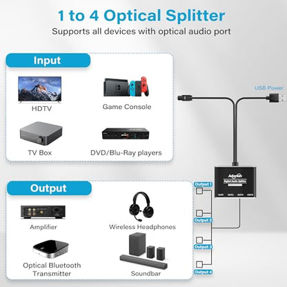 4 Way Digital Optical Audio Splitter 1 In 4 Out Active Toslink SPDIF Fiber Optic With USB Powered, LPCM 2.0, PCM, Dolby, DTS 5.1 for HDTV, Home Theater, Soundbar, Receiver, Amplifier- Unidirectional - style: 1 X 4 Optical Splitter