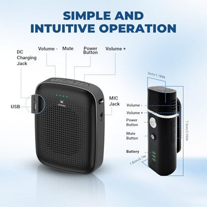 Voice Amplifier with Wireless Lapel Microphone for Teachers | 15W Portable Mini Bluetooth PA System and Clip-on Lavalier Mic for Classroom, Yoga, Tour Guide & Public Speaking - A006