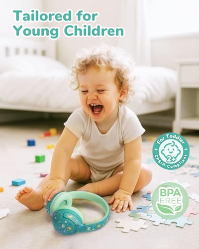 iClever BTH27 Toddler Headphones for 2+ Year Old Baby Kids Travel Study | SafeSound Tech3.0, 74H Playtime, Bluetooth 5.4, BPA Free, Aux, Soft Baby Headphones, Easy Operation, Adjustable, Green - color: Green