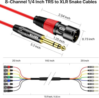 EBXYA 8 Channel 1/4 Inch TRS to XLR Snake Cables,Recording Snake Cable | 6.35mm Male Jack Stereo Audio Balanced Line to XLR Cables,15 Feet 1 Pack - size: 8-Channel 15 Feet, style: TRS to XLR Male