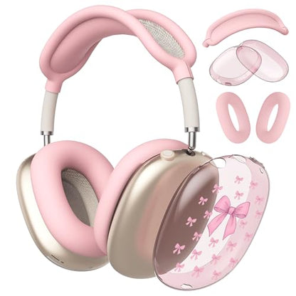 Cute Pink Bowa Clear Case for Airpods Max Headphones Stylish Girl Pattern Soft TPU Ear Cups Cover Anti-Scratch Silicone Ear Pad Protective Case Kawaii Headband Cover for Apple Airpods Max - color: Pink bow A