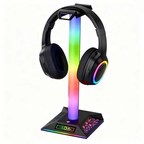 RGB Gaming Headset Stand, LED Headset Holder with 10 Lighting Modes, Headphone Stand Cool Stuff for Boys, Desk PC Gaming Accessories Gifts for Gamers Men Adult, Medium - color: White Black